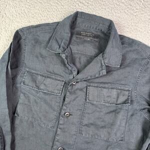 AllSaints 100% Linen Button Shirt Mens S Navy Blue Jutland Long Sleeve Camp